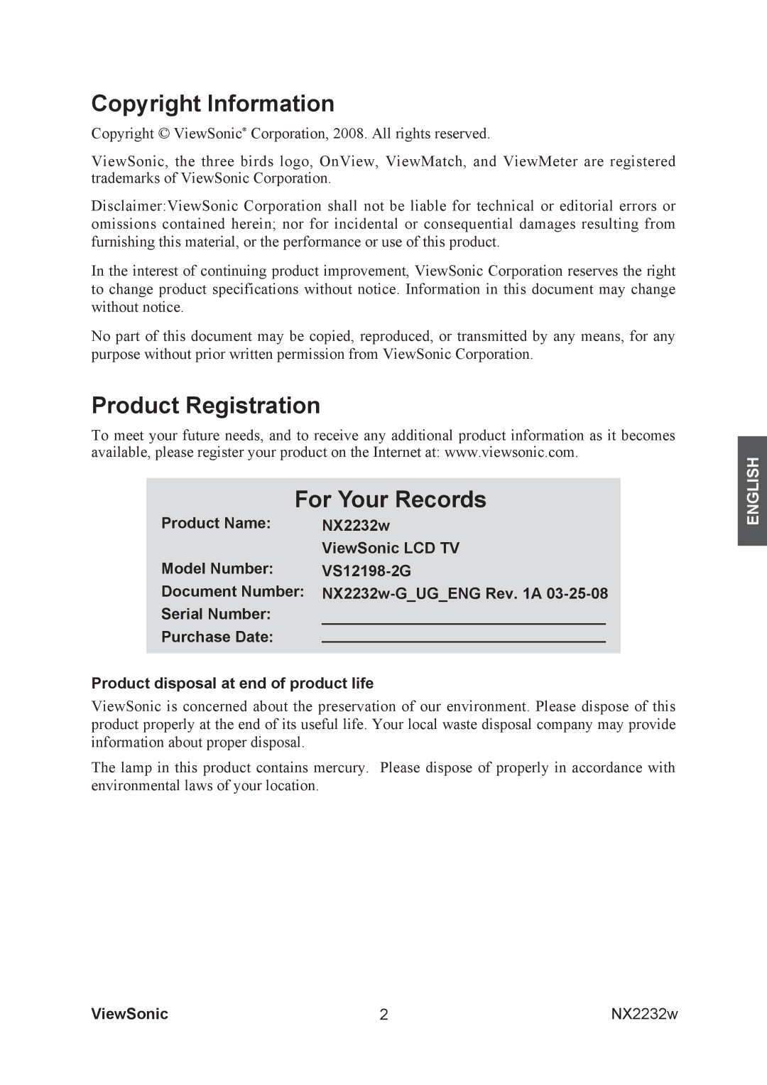 ViewSonic NX2232w manual Copyright Information, Product Registration For Your Records 