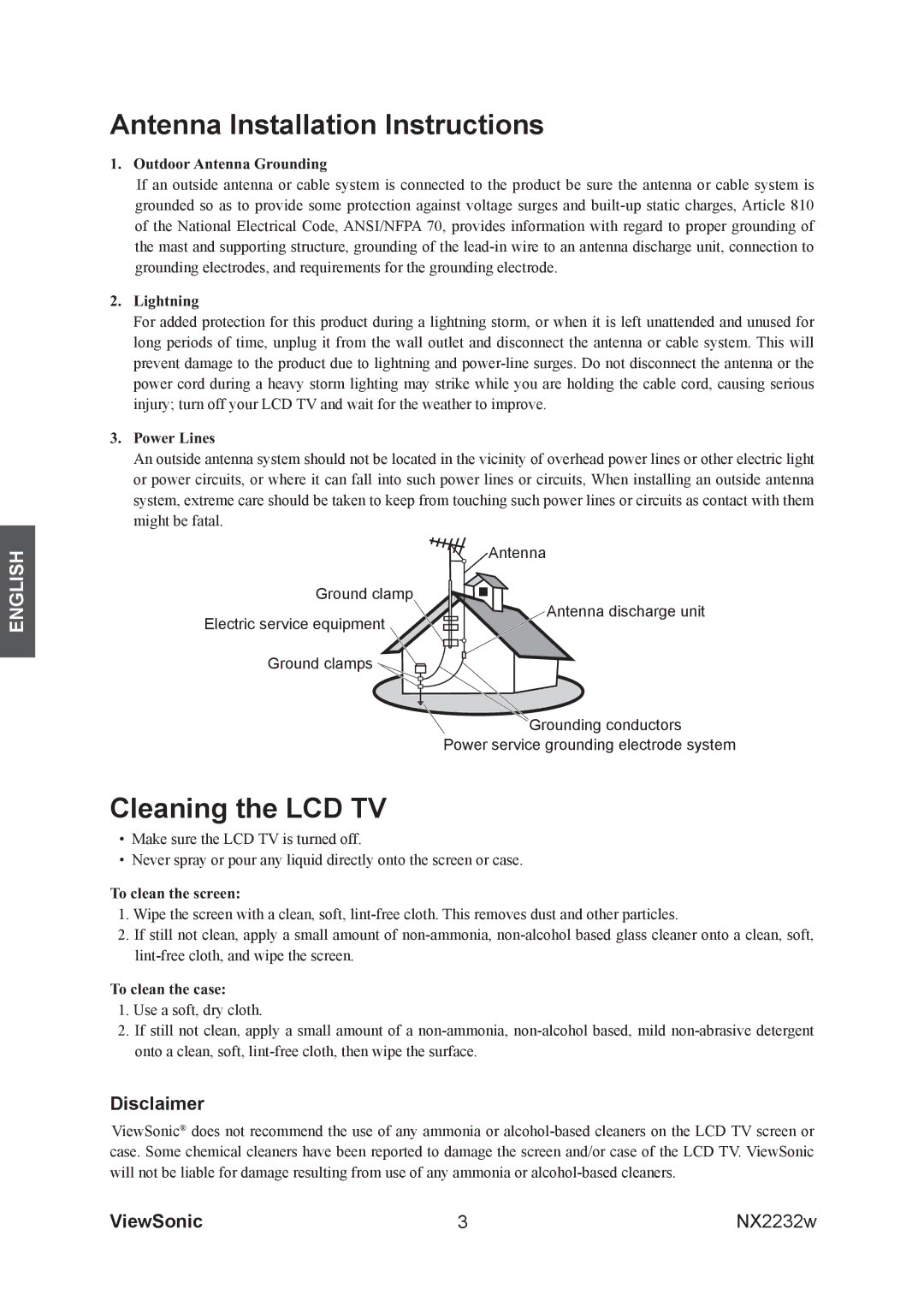 ViewSonic NX2232w manual Antenna Installation Instructions, Cleaning the LCD TV 