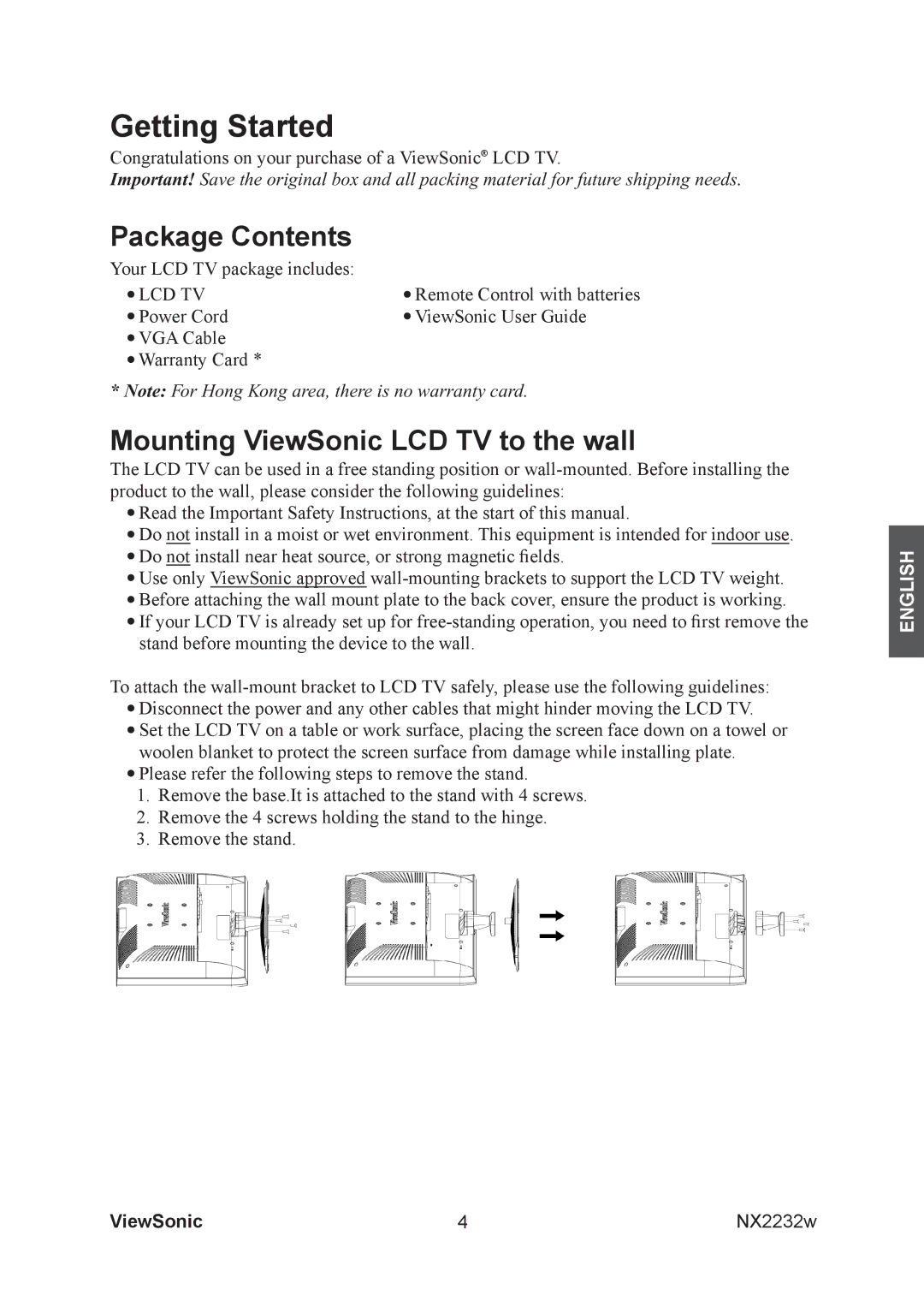 ViewSonic NX2232w manual Package Contents, Mounting ViewSonic LCD TV to the wall 