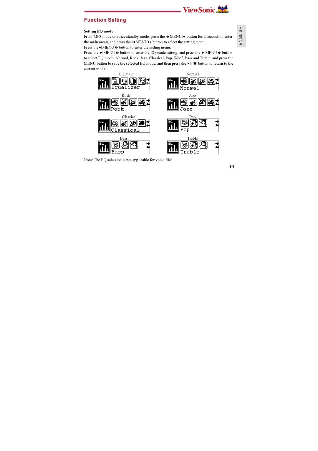 ViewSonic P104, P103, P102 manual Function Setting, Setting EQ mode 