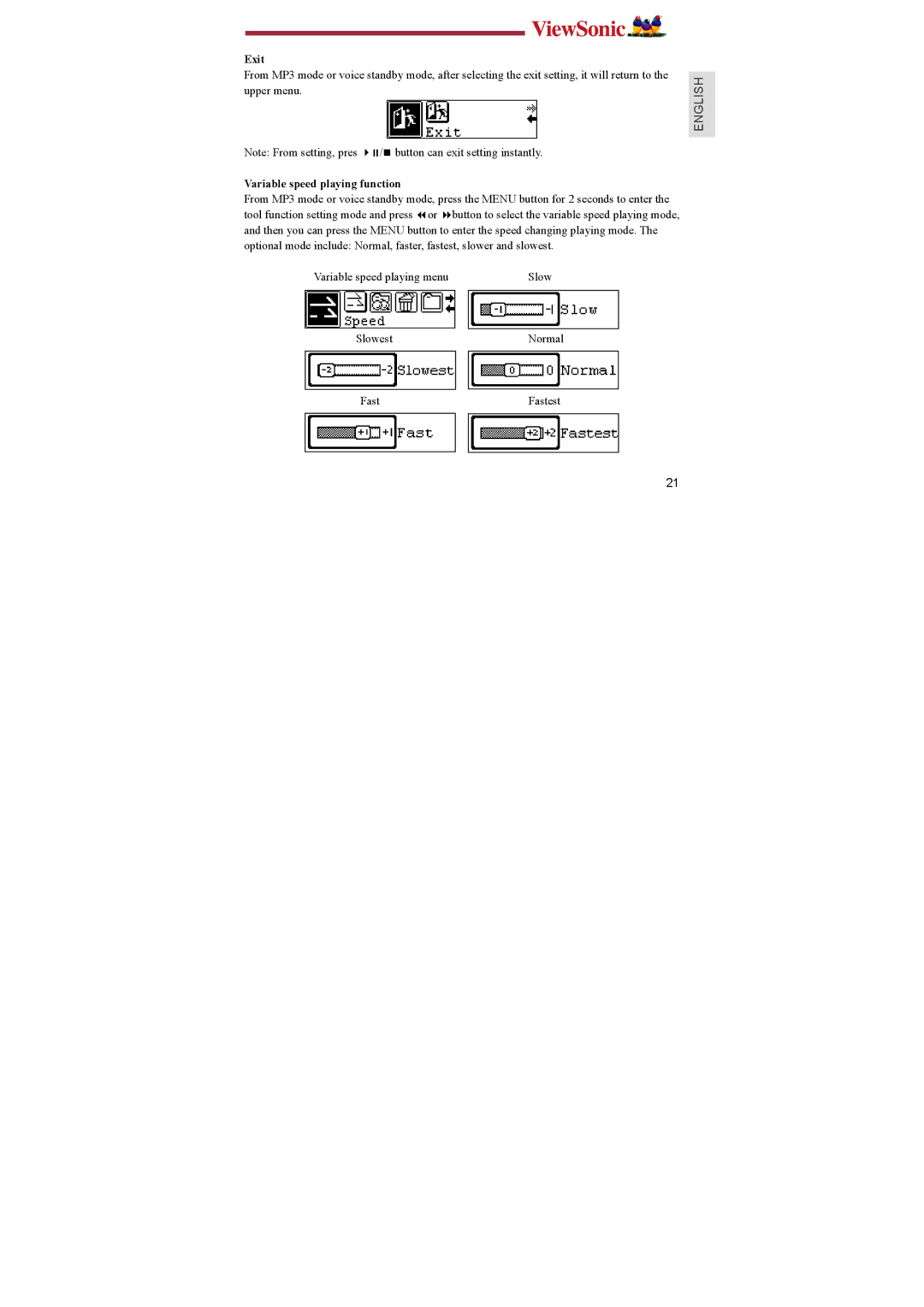 ViewSonic P102, P103, P104 manual Exit, Variable speed playing function 