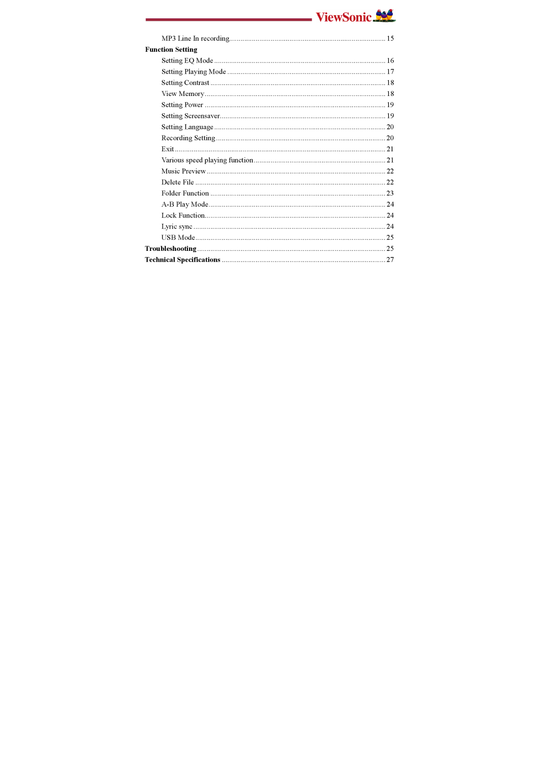 ViewSonic P103, P102, P104 manual Function Setting 