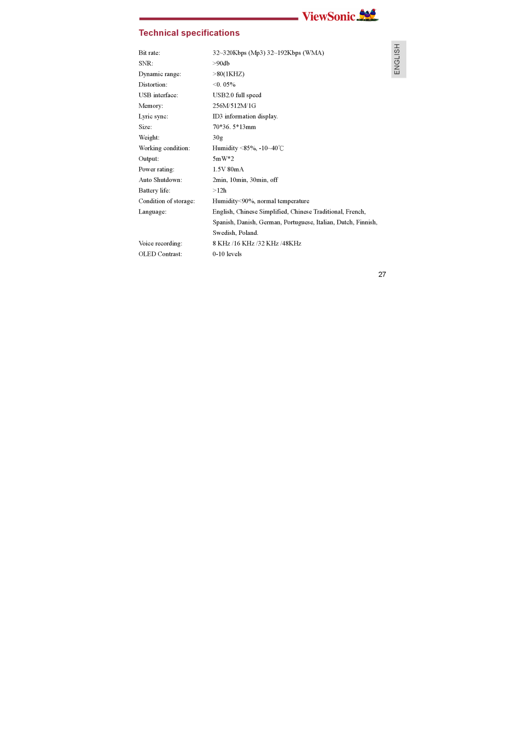 ViewSonic P102, P103, P104 manual Technical specifications, Snr 