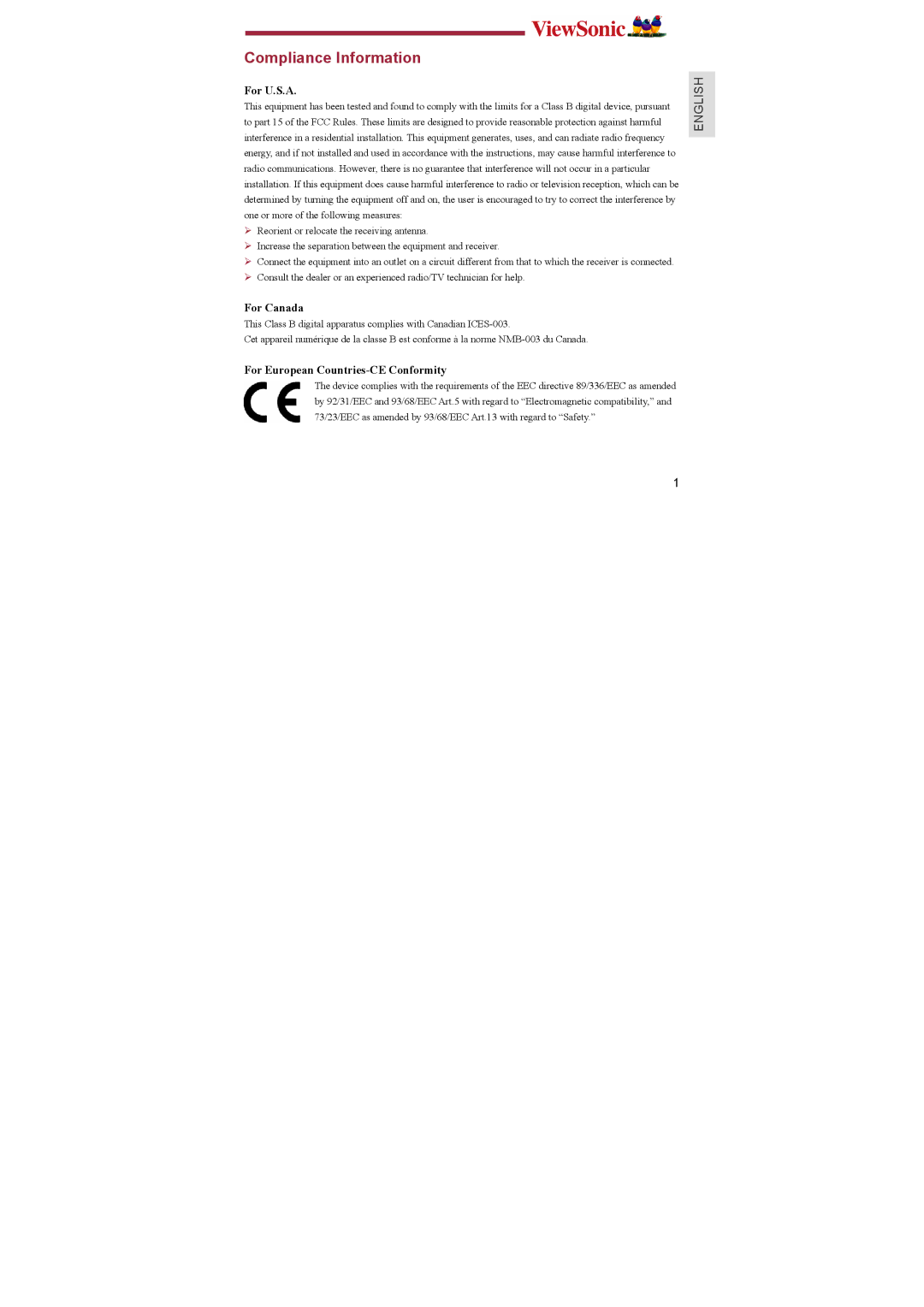 ViewSonic P104, P103, P102 manual Compliance Information, For U.S.A, For Canada, For European Countries-CE Conformity 