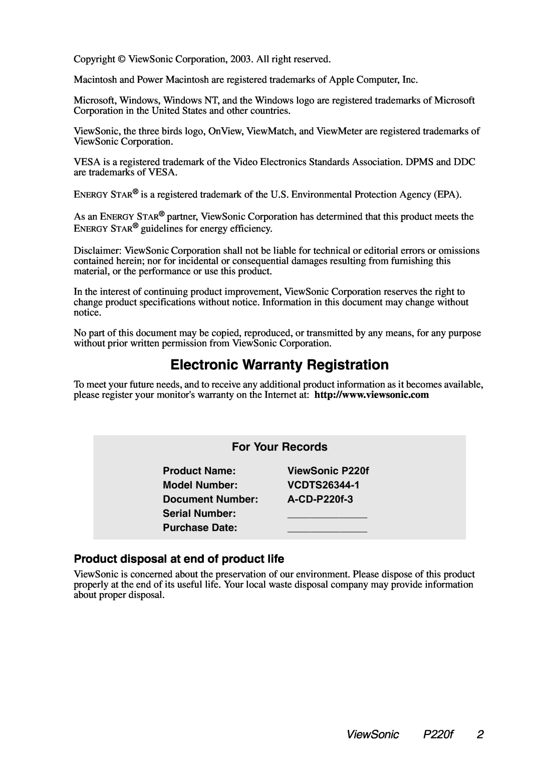 ViewSonic P220f Electronic Warranty Registration, For Your Records, Product disposal at end of product life, Product Name 