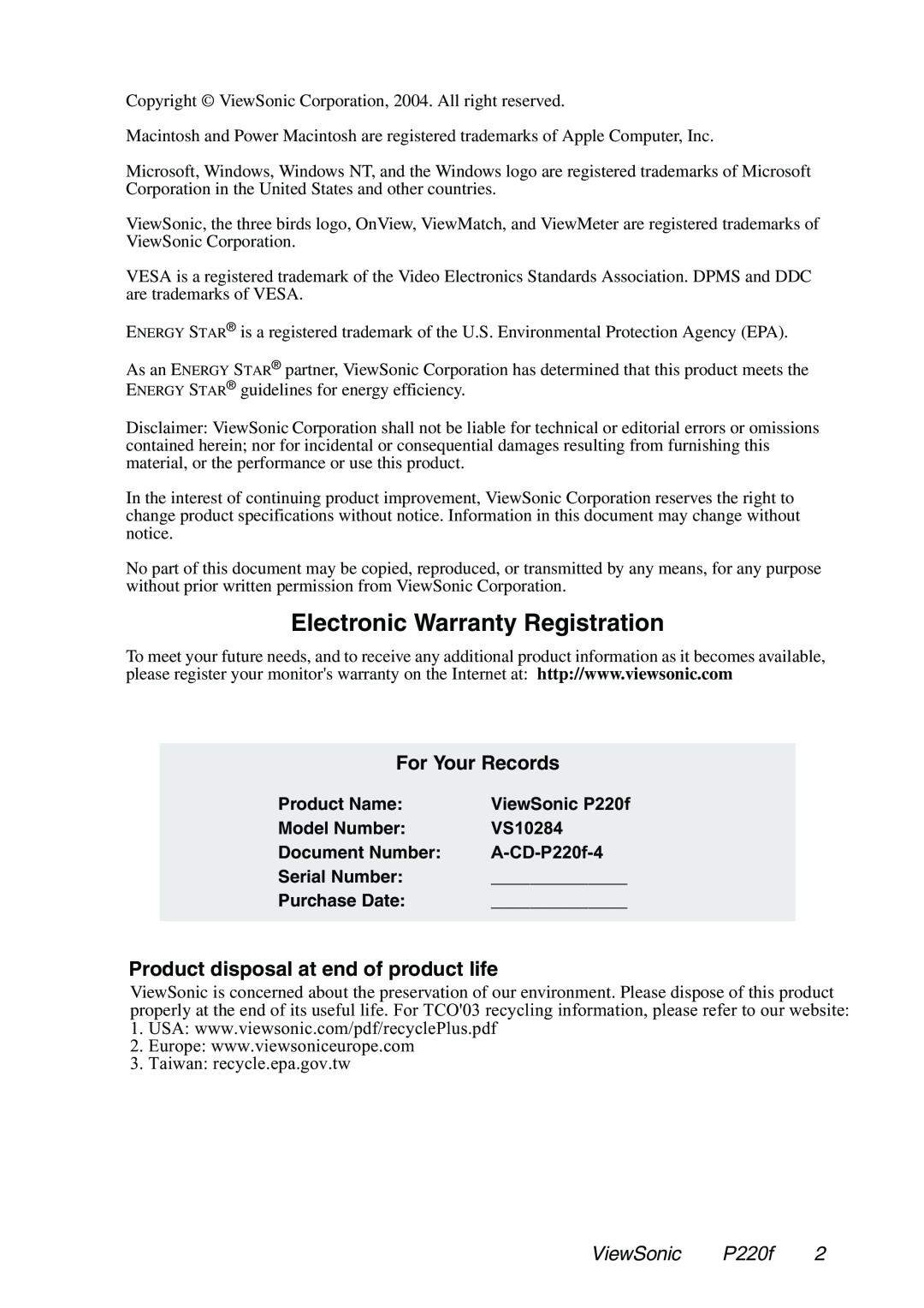 ViewSonic P220f manual Electronic Warranty Registration, For Your Records, Product disposal at end of product life 