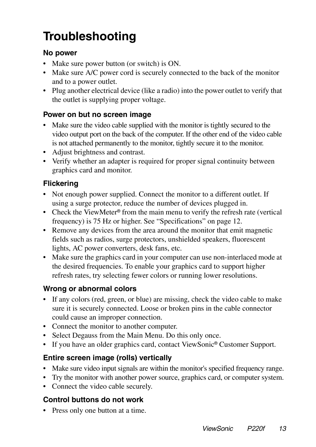 ViewSonic P220f manual Troubleshooting 