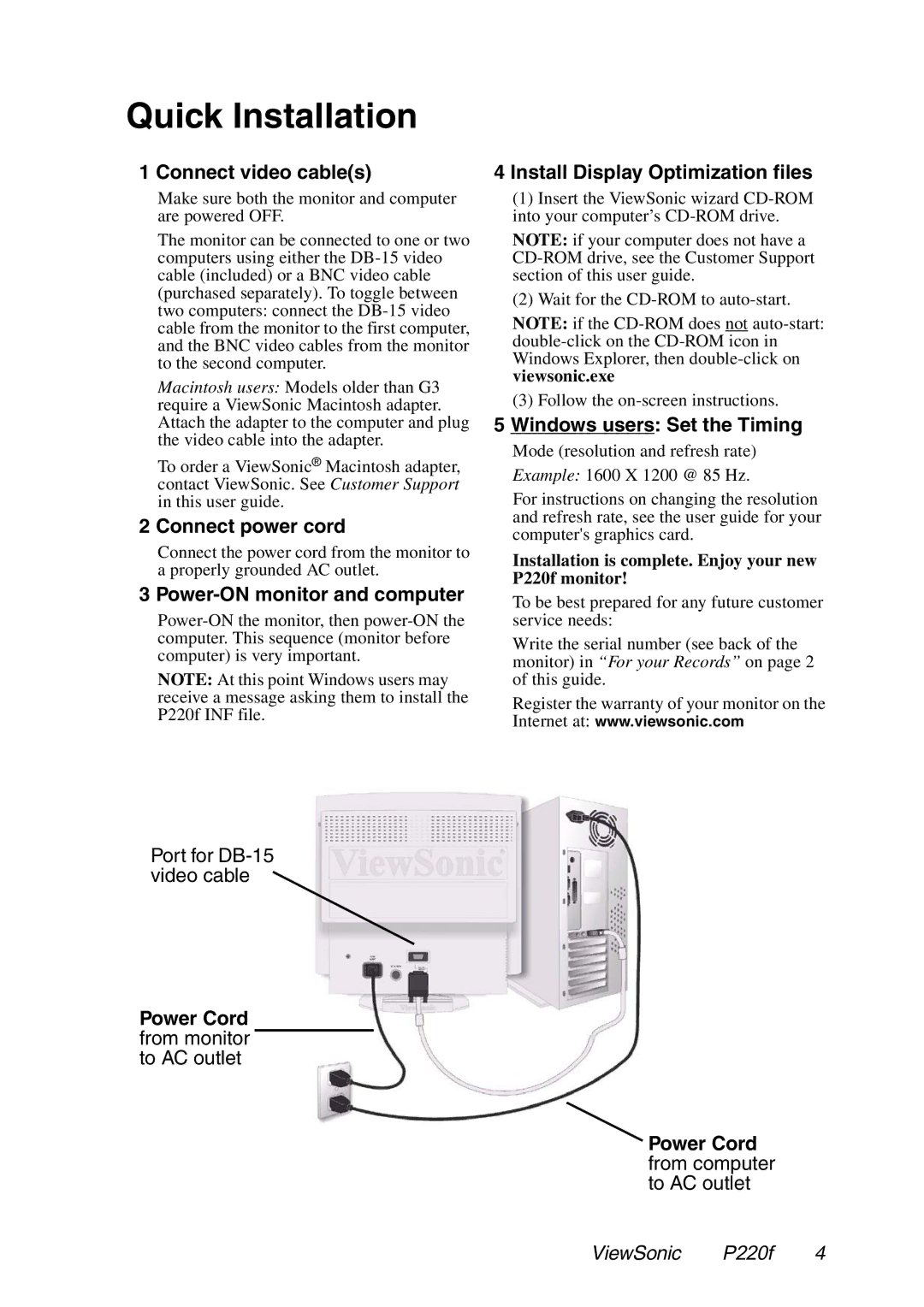 ViewSonic P220f manual Quick Installation, Connect video cables 