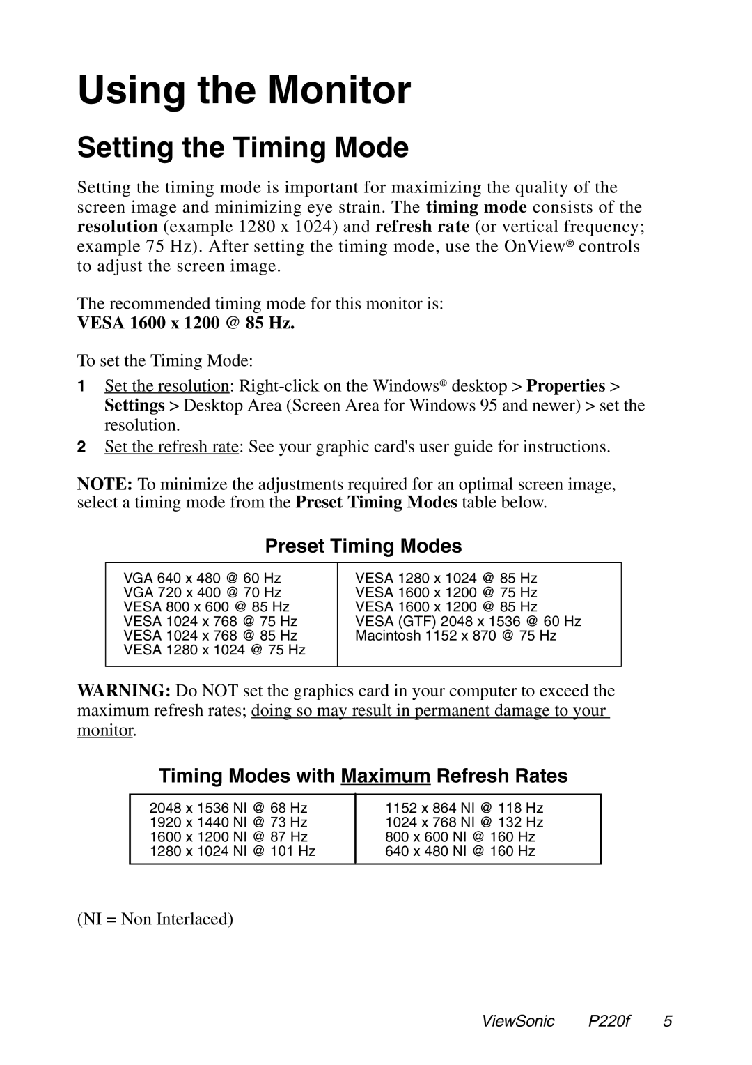 ViewSonic P220f manual Using the Monitor, Setting the Timing Mode 