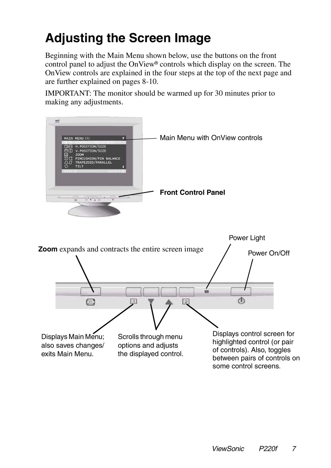 ViewSonic P220f manual Adjusting the Screen Image, Zoom expands and contracts the entire screen image 