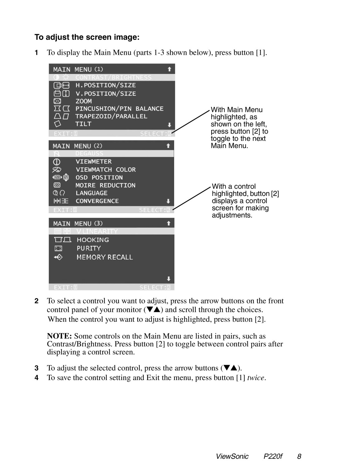 ViewSonic P220f manual To adjust the screen image 