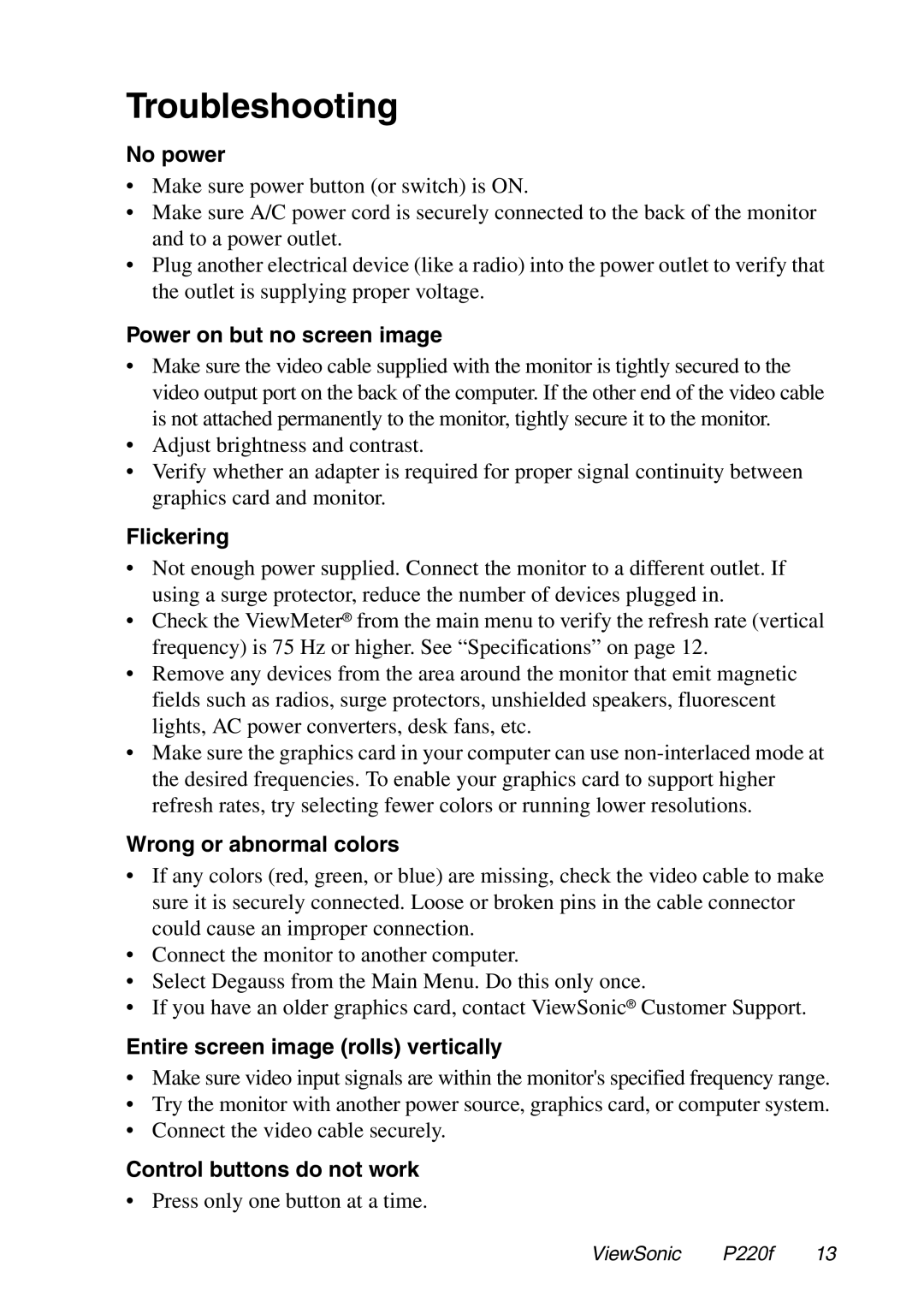 ViewSonic P220f manual Troubleshooting 