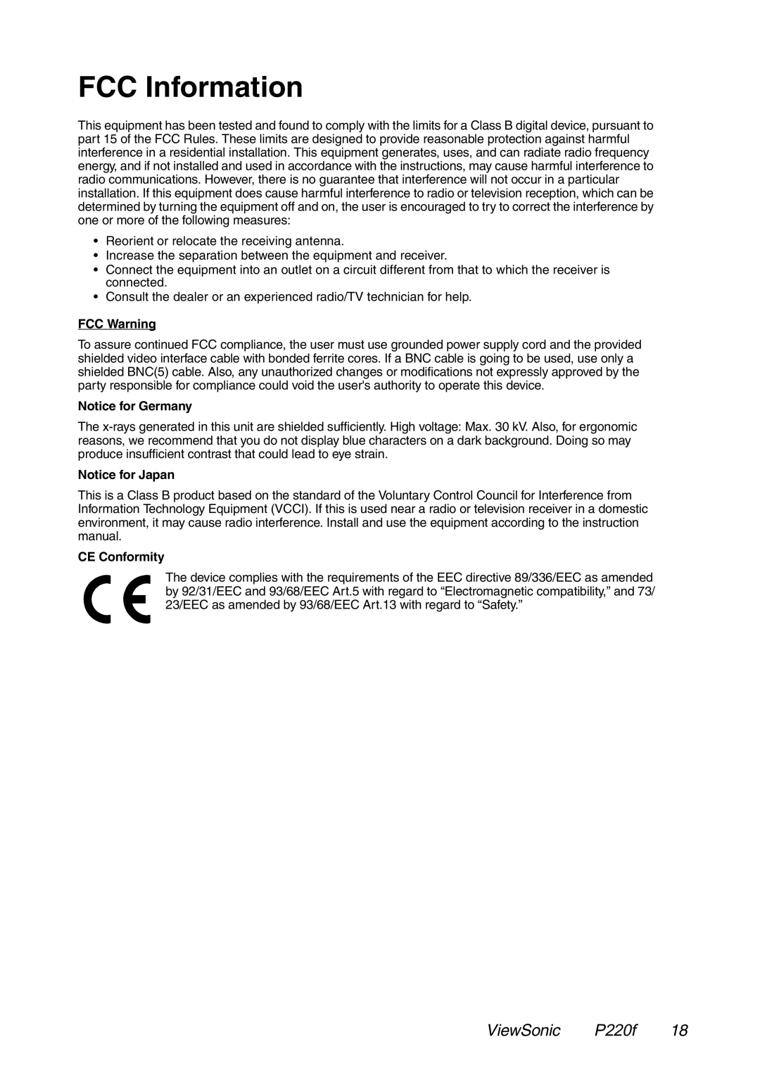 ViewSonic P220f manual FCC Information, FCC Warning 