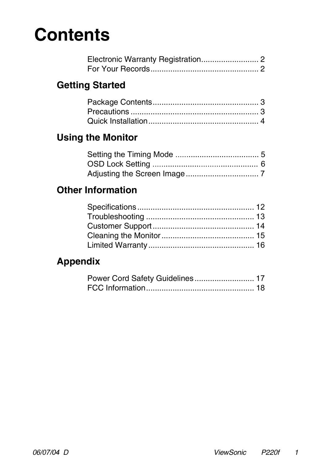 ViewSonic P220f manual Contents 