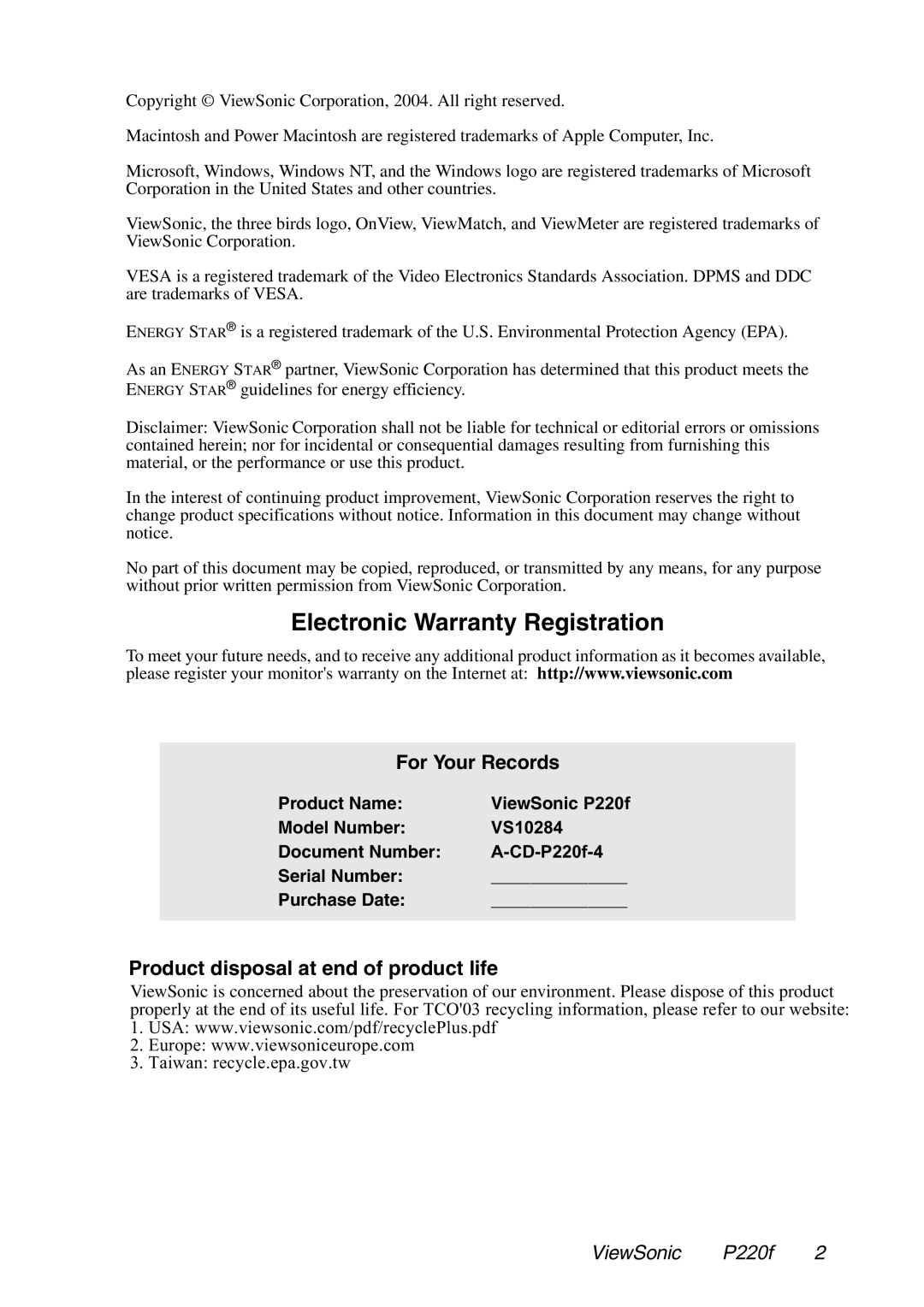 ViewSonic P220f manual Electronic Warranty Registration 