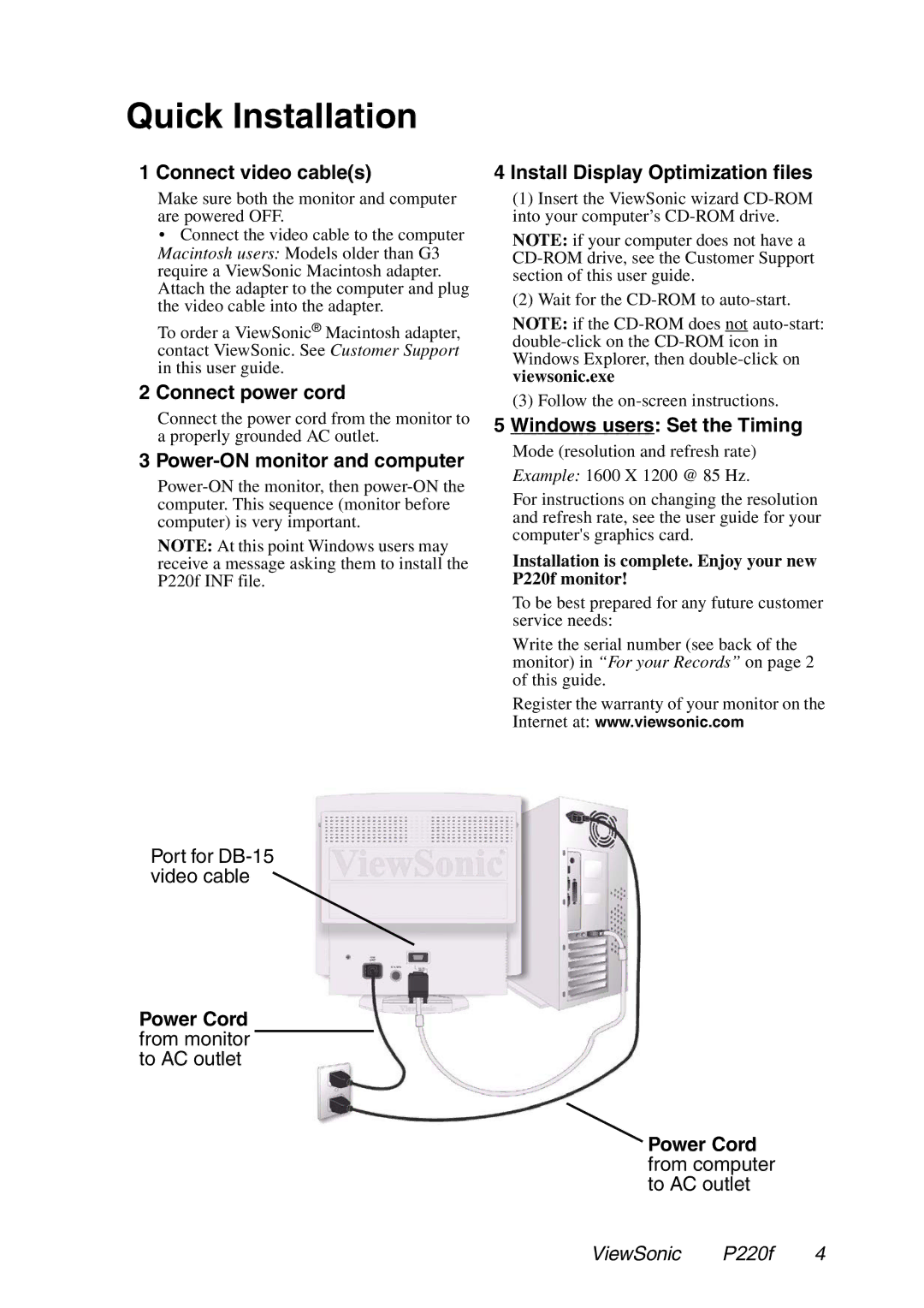 ViewSonic P220f manual Quick Installation, Connect video cables 