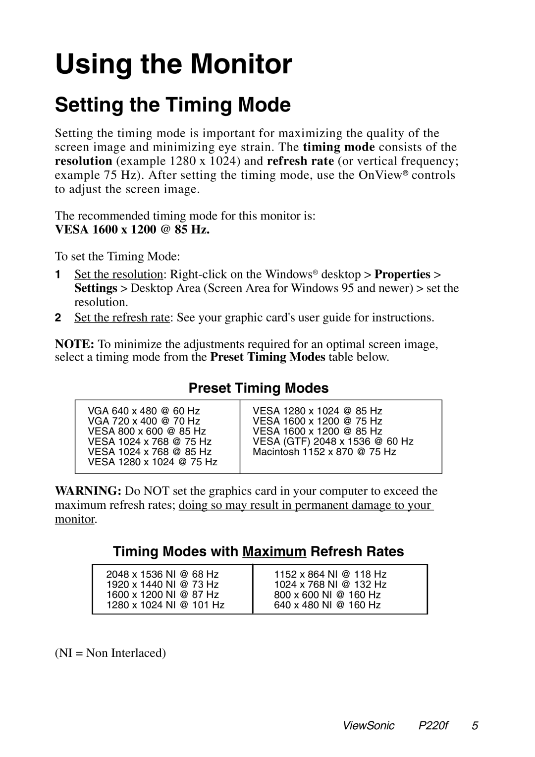 ViewSonic P220f manual Using the Monitor, Setting the Timing Mode 