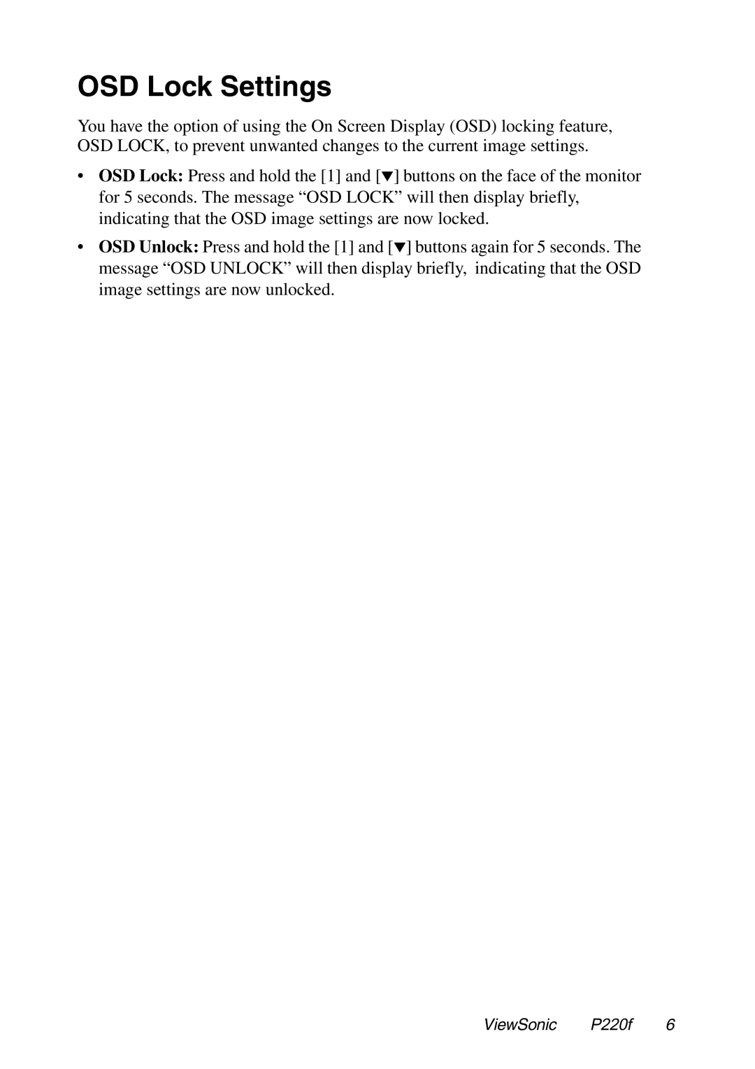 ViewSonic P220f manual OSD Lock Settings 