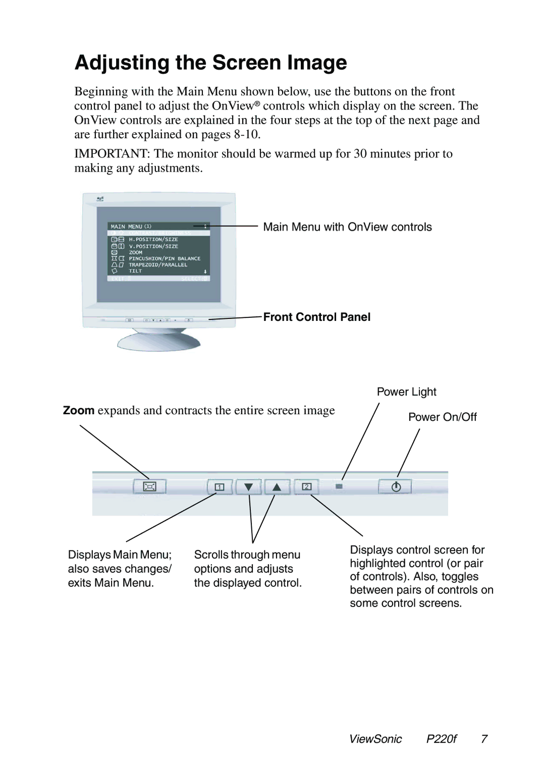 ViewSonic P220f manual Adjusting the Screen Image, Zoom expands and contracts the entire screen image 