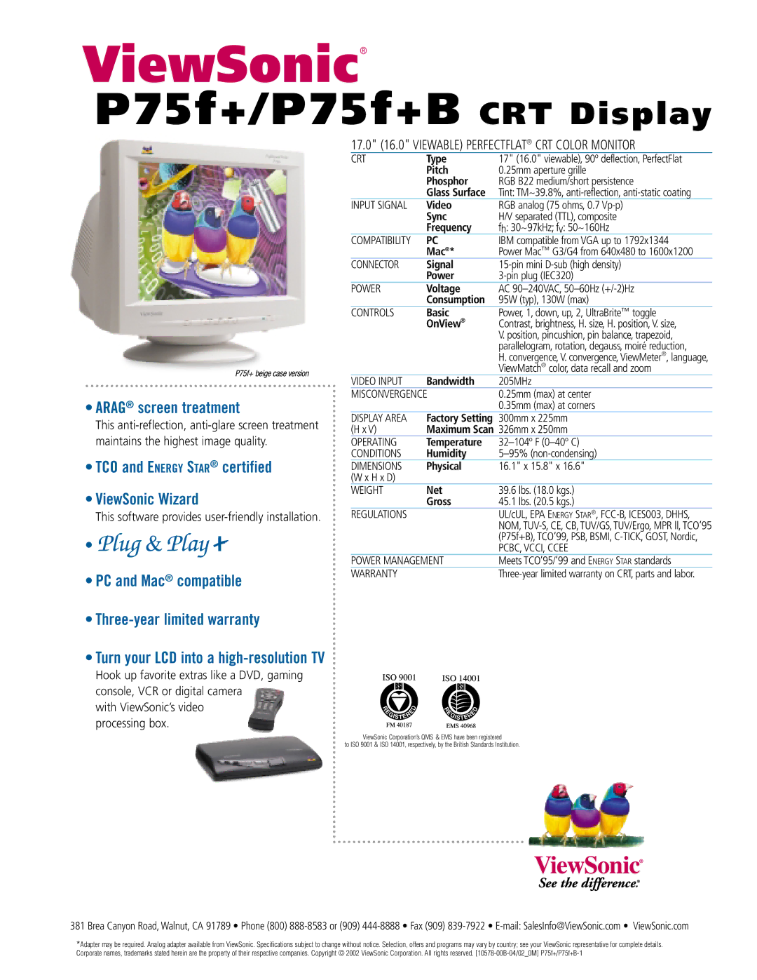 ViewSonic P75F+B manual Arag screen treatment, TCO and Energy Star certified ViewSonic Wizard 