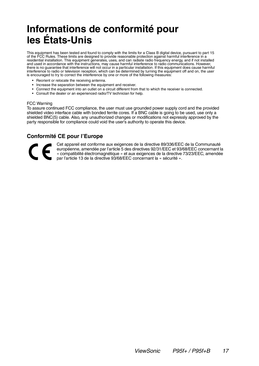 ViewSonic P95f+ manual Informations de conformité pour les États-Unis, Conformité CE pour l’Europe 