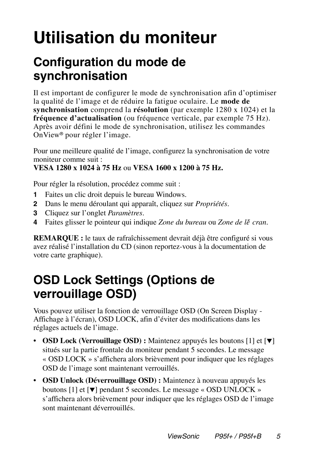 ViewSonic P95f+ manual Utilisation du moniteur, Configuration du mode de synchronisation 