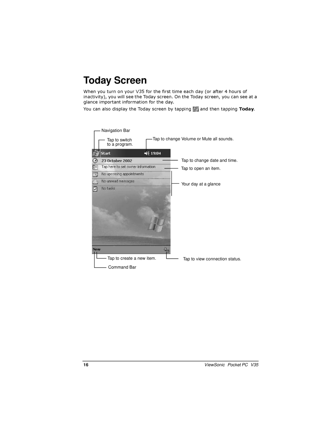 ViewSonic PC V35 manual Today Screen 