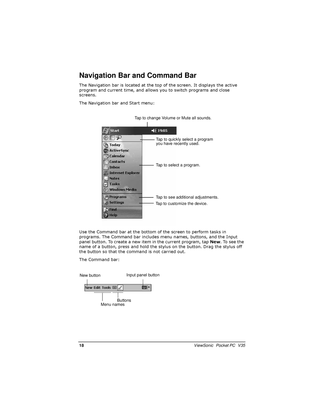 ViewSonic PC V35 manual Navigation Bar and Command Bar 