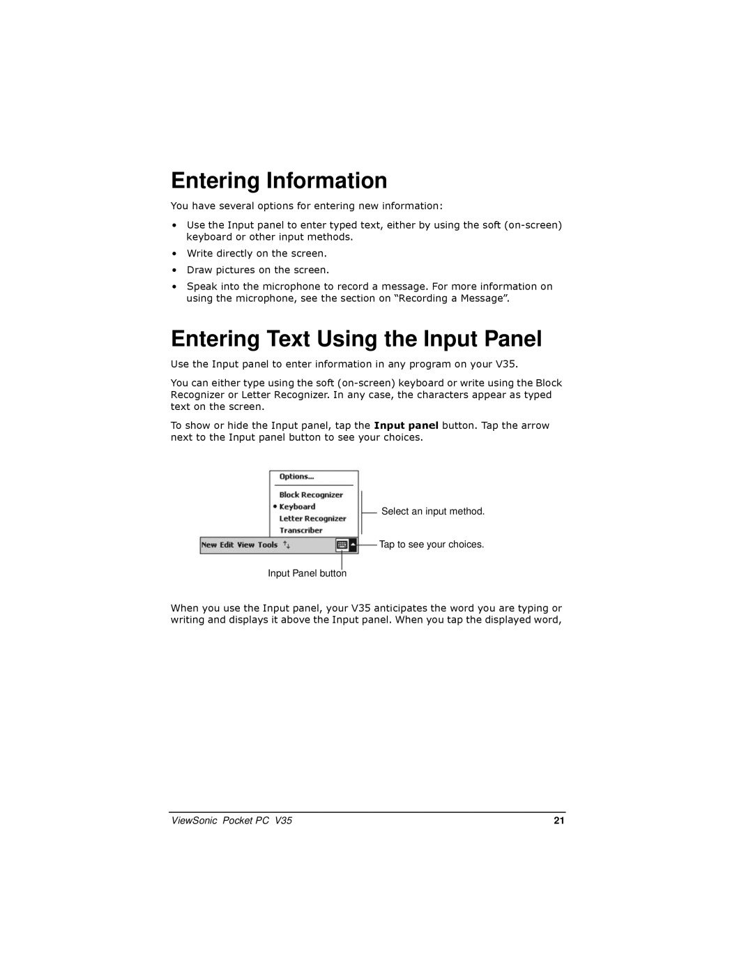 ViewSonic PC V35 manual Entering Information, Entering Text Using the Input Panel 