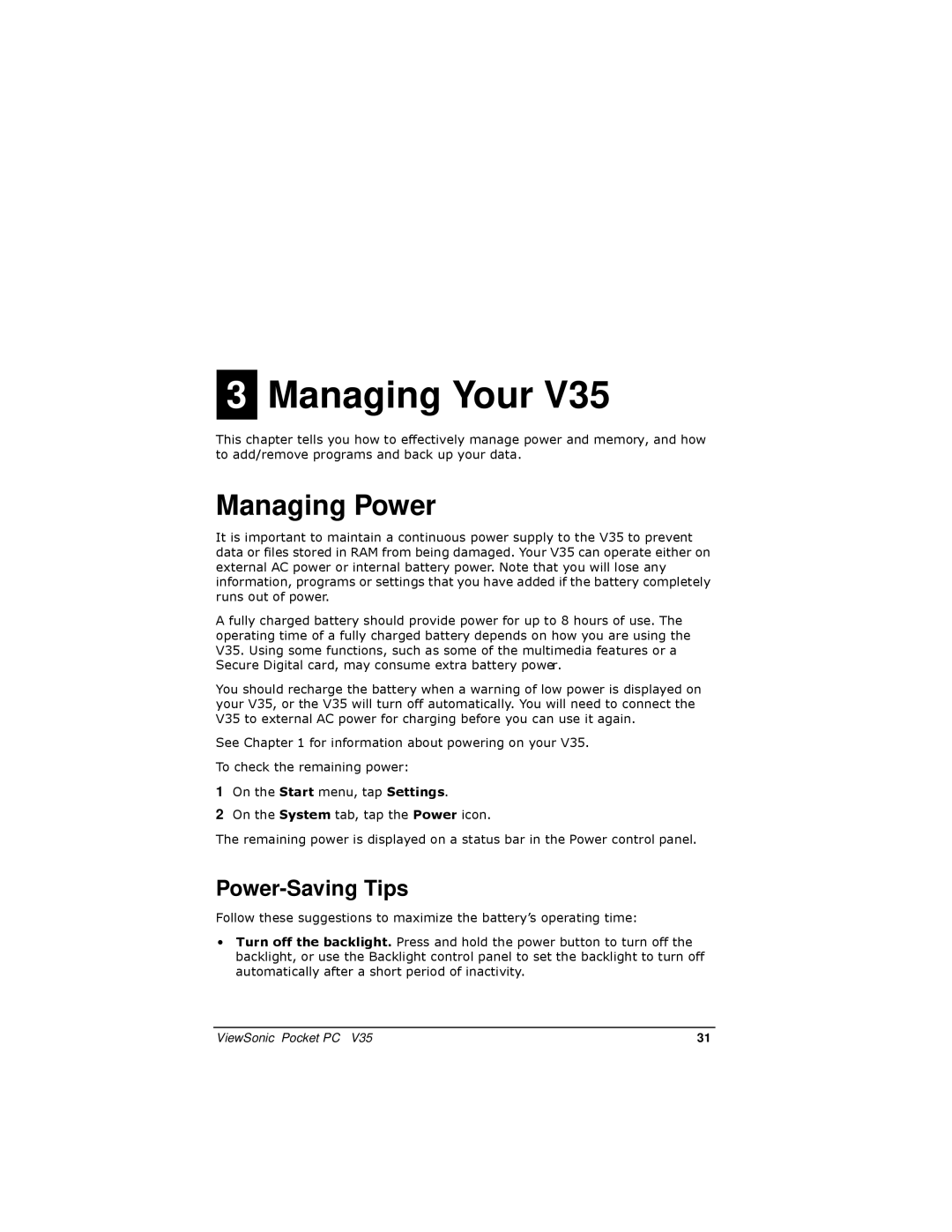 ViewSonic PC V35 manual Managing Your, Managing Power, Power-Saving Tips 