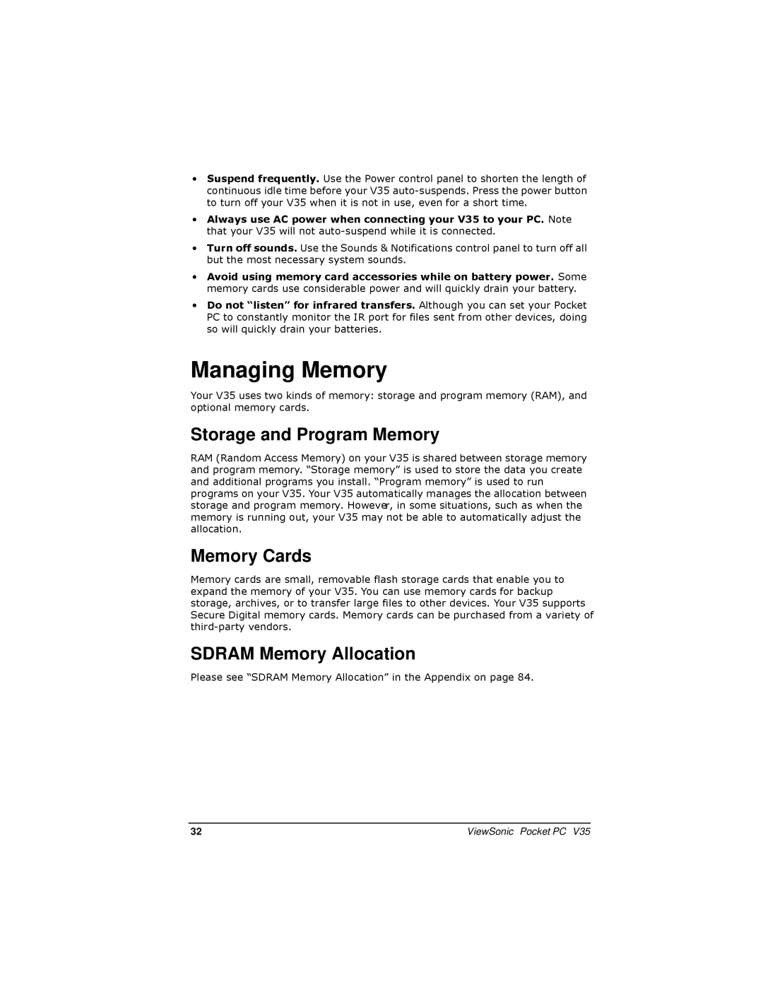 ViewSonic PC V35 manual Managing Memory, Storage and Program Memory, Memory Cards, Sdram Memory Allocation 