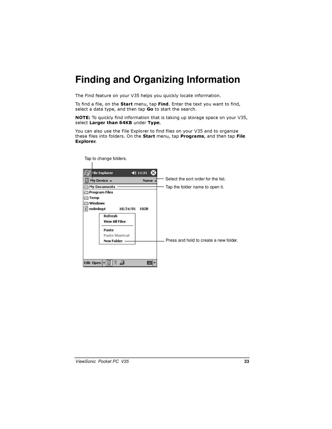 ViewSonic PC V35 manual Finding and Organizing Information 