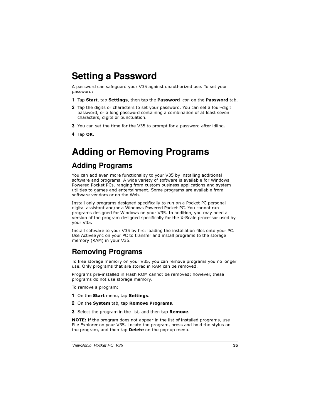 ViewSonic PC V35 manual Setting a Password, Adding or Removing Programs, Adding Programs 