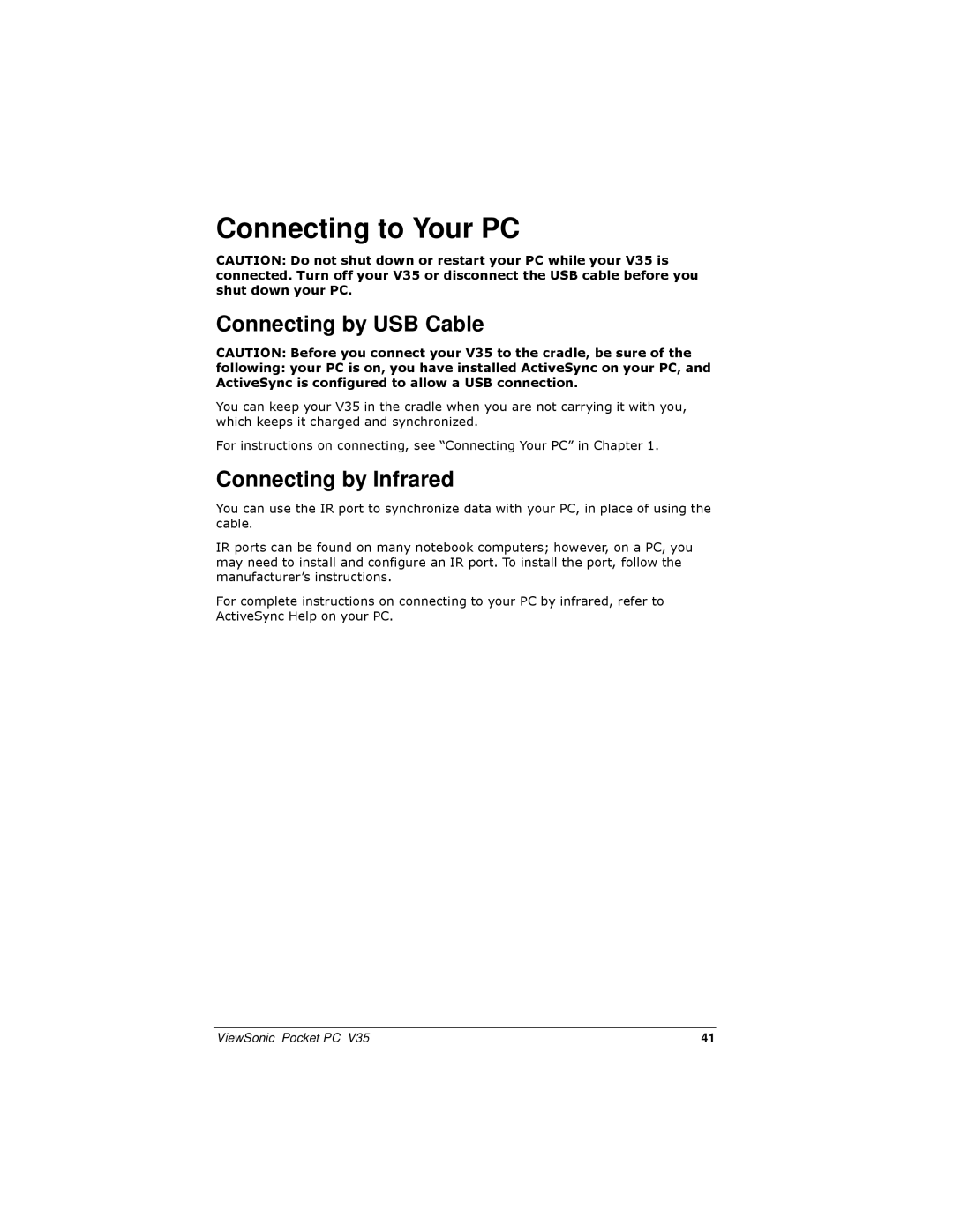 ViewSonic PC V35 manual Connecting to Your PC, Connecting by USB Cable, Connecting by Infrared 