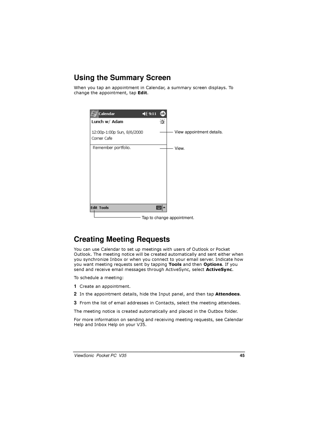 ViewSonic PC V35 manual Using the Summary Screen, Creating Meeting Requests 