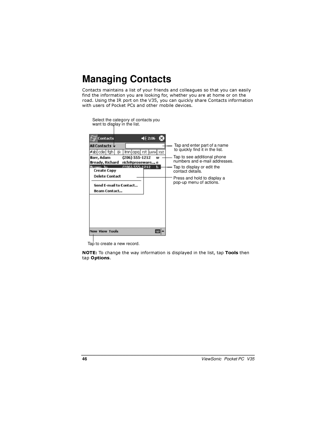 ViewSonic PC V35 manual Managing Contacts 