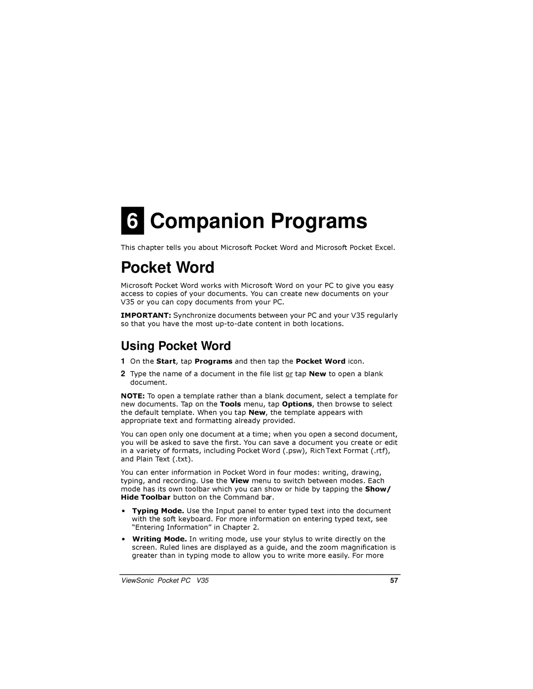 ViewSonic PC V35 manual Companion Programs, Using Pocket Word 