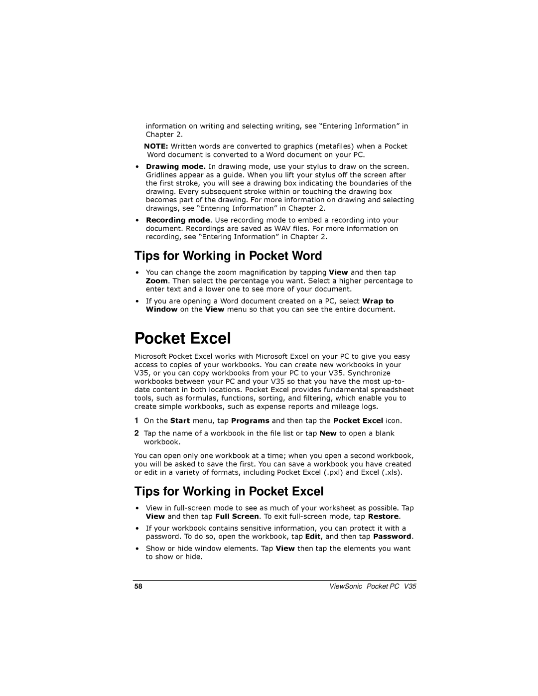 ViewSonic PC V35 manual Tips for Working in Pocket Word, Tips for Working in Pocket Excel 