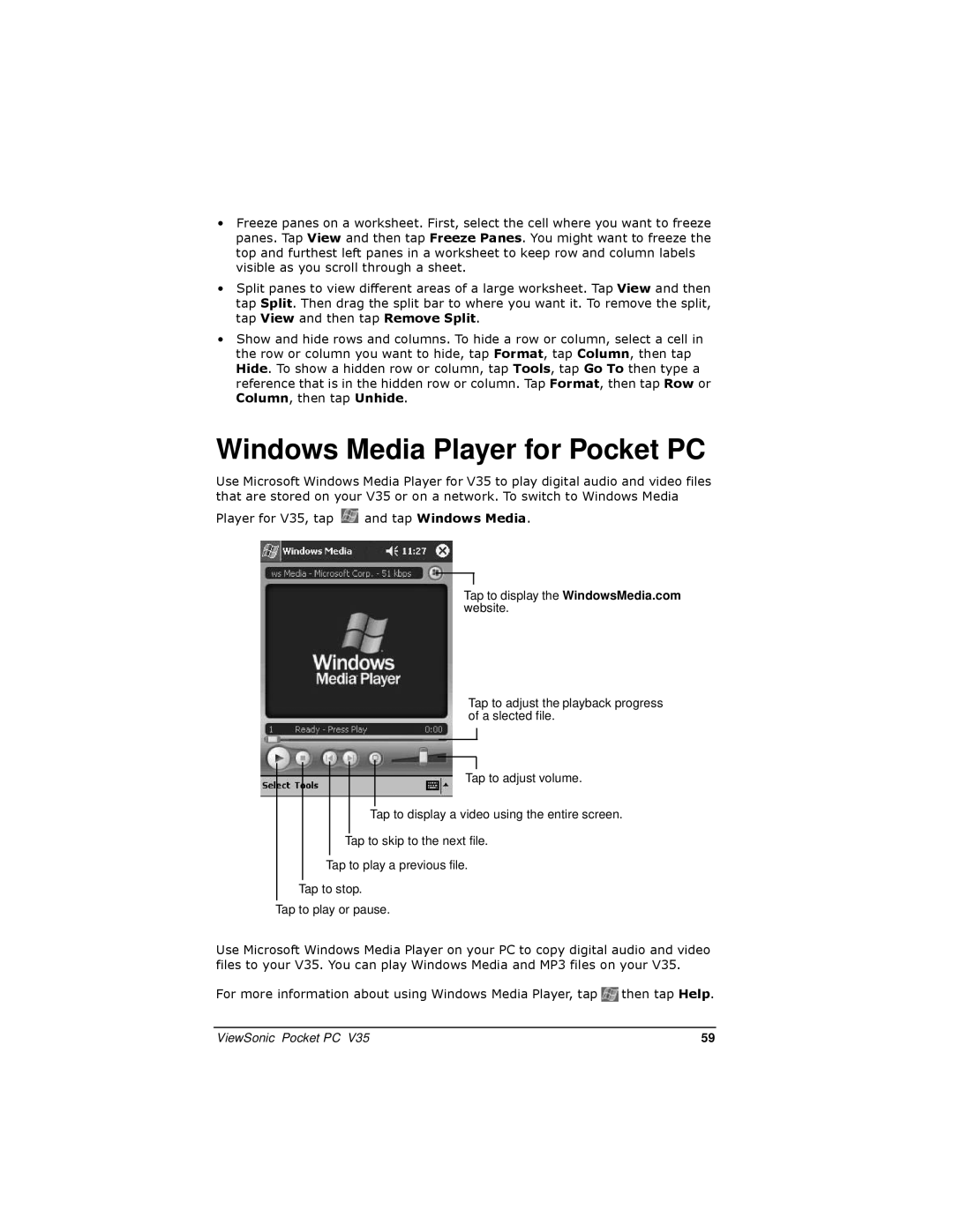 ViewSonic PC V35 manual Windows Media Player for Pocket PC, Player for V35, tap and tap Windows Media 