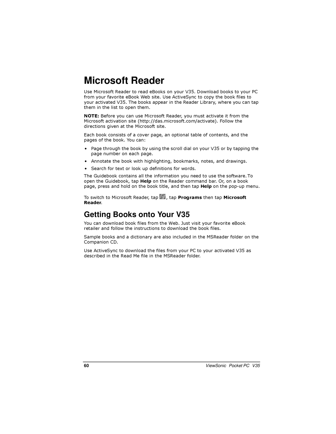 ViewSonic PC V35 manual Microsoft Reader, Getting Books onto Your 