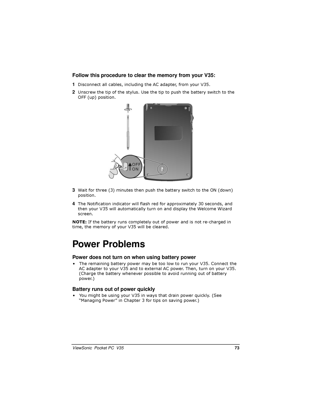 ViewSonic PC V35 Power Problems, Follow this procedure to clear the memory from your, Battery runs out of power quickly 