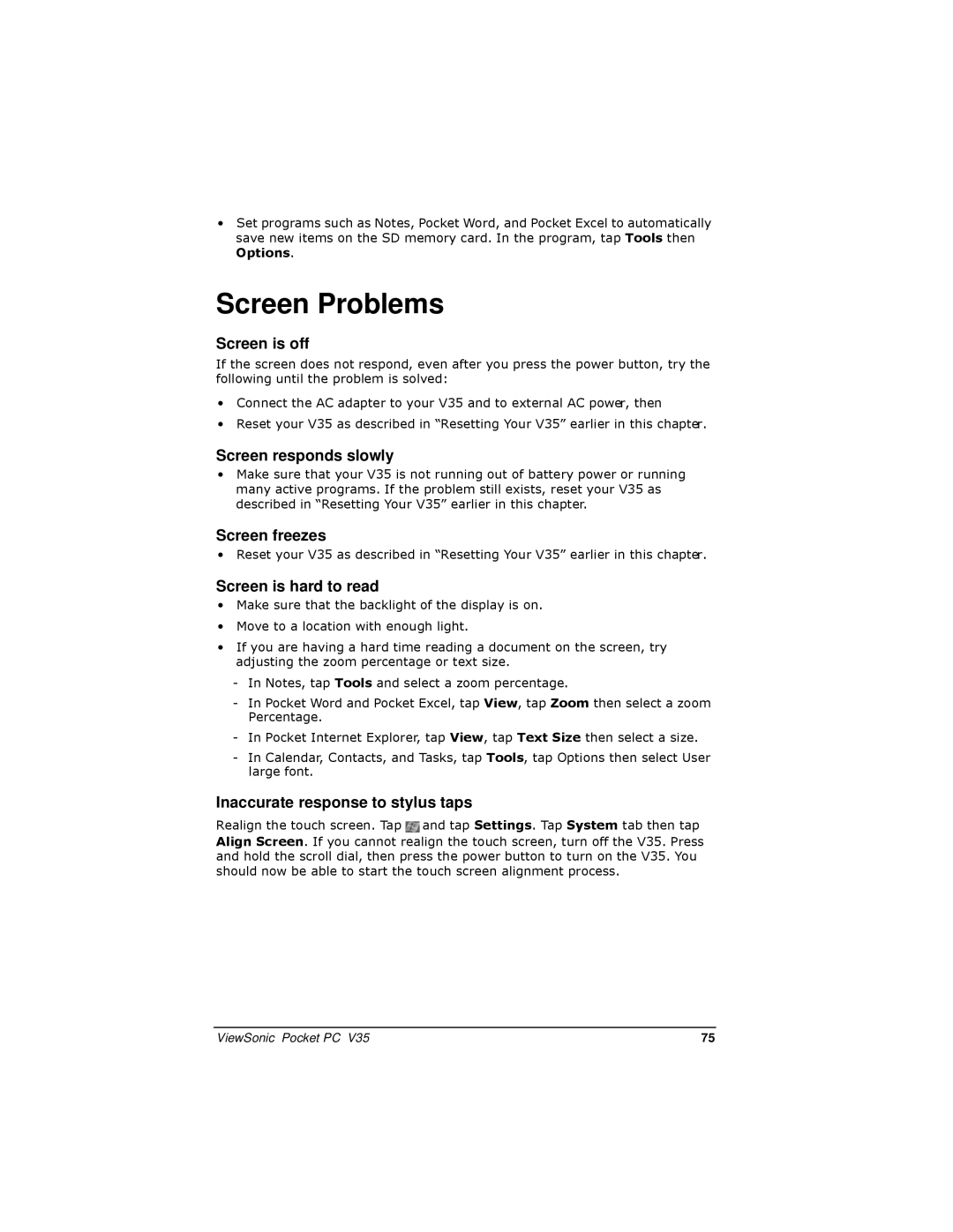 ViewSonic PC V35 manual Screen Problems 