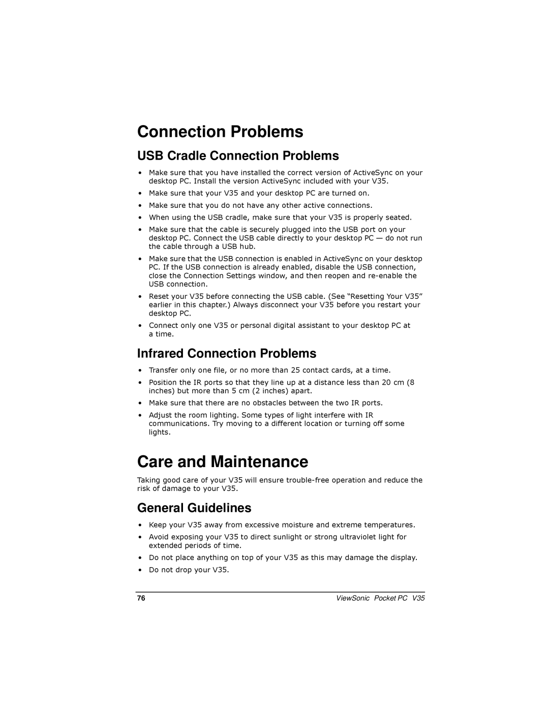 ViewSonic PC V35 manual Care and Maintenance, USB Cradle Connection Problems, Infrared Connection Problems 