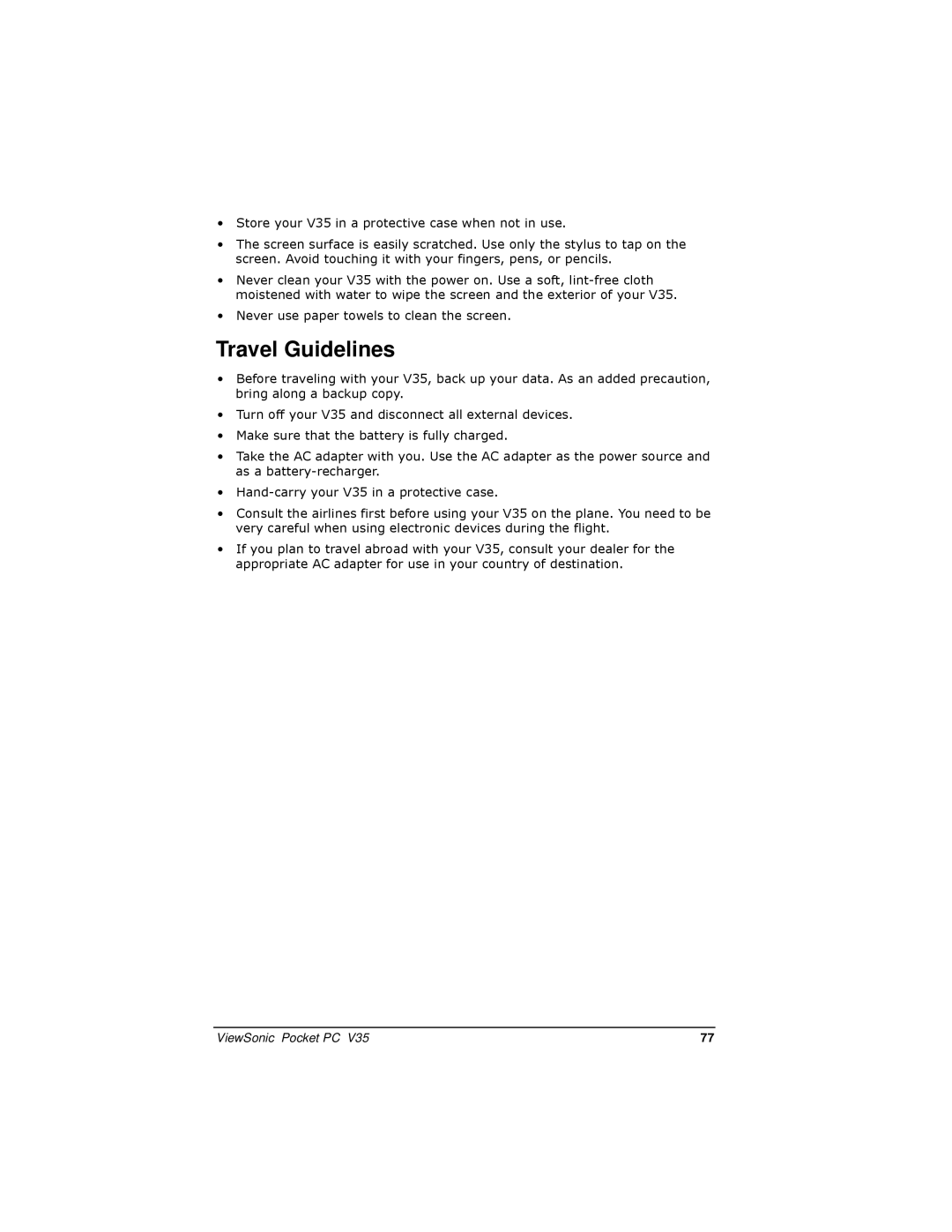 ViewSonic PC V35 manual Travel Guidelines 