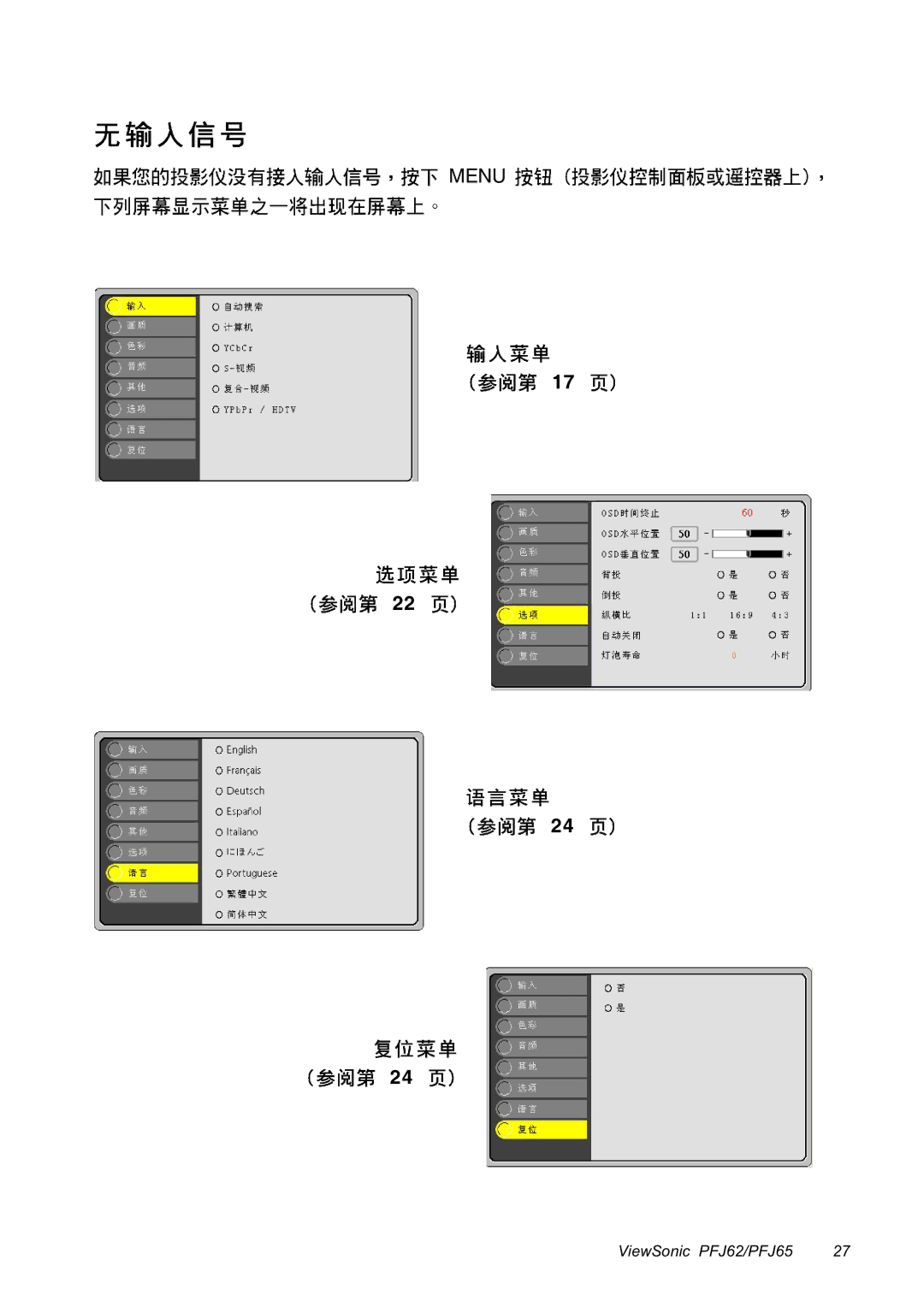 ViewSonic PFJ65, PFJ62 manual Menu 