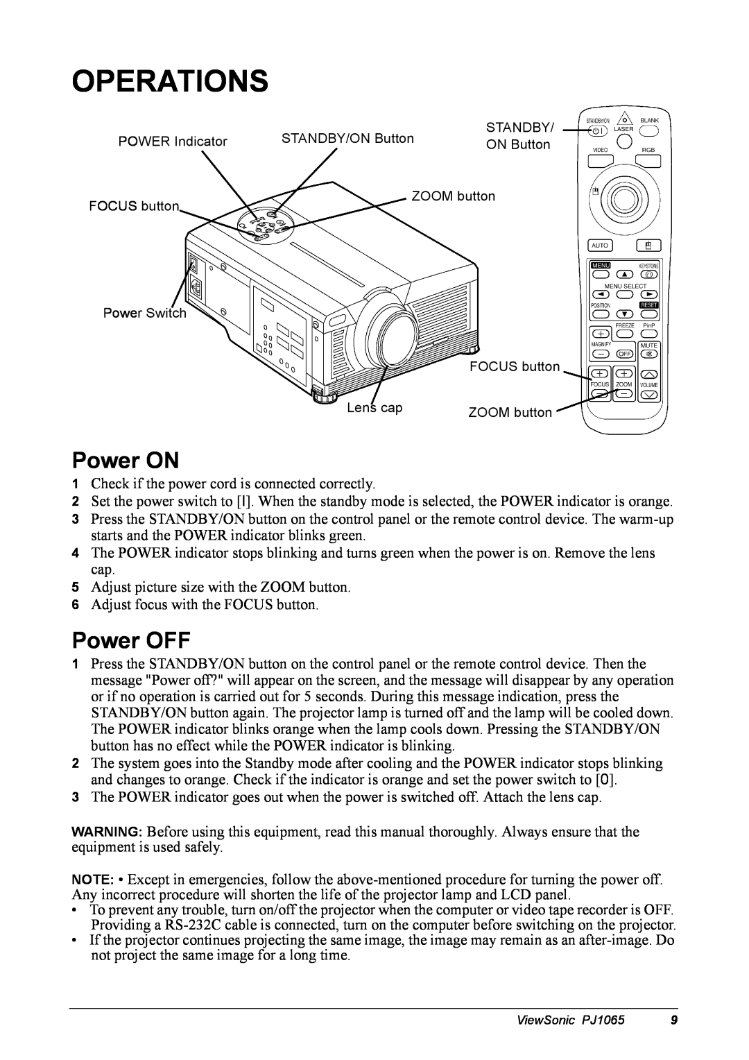 ViewSonic PJ1065 manual Operations, Power ON, Power OFF 