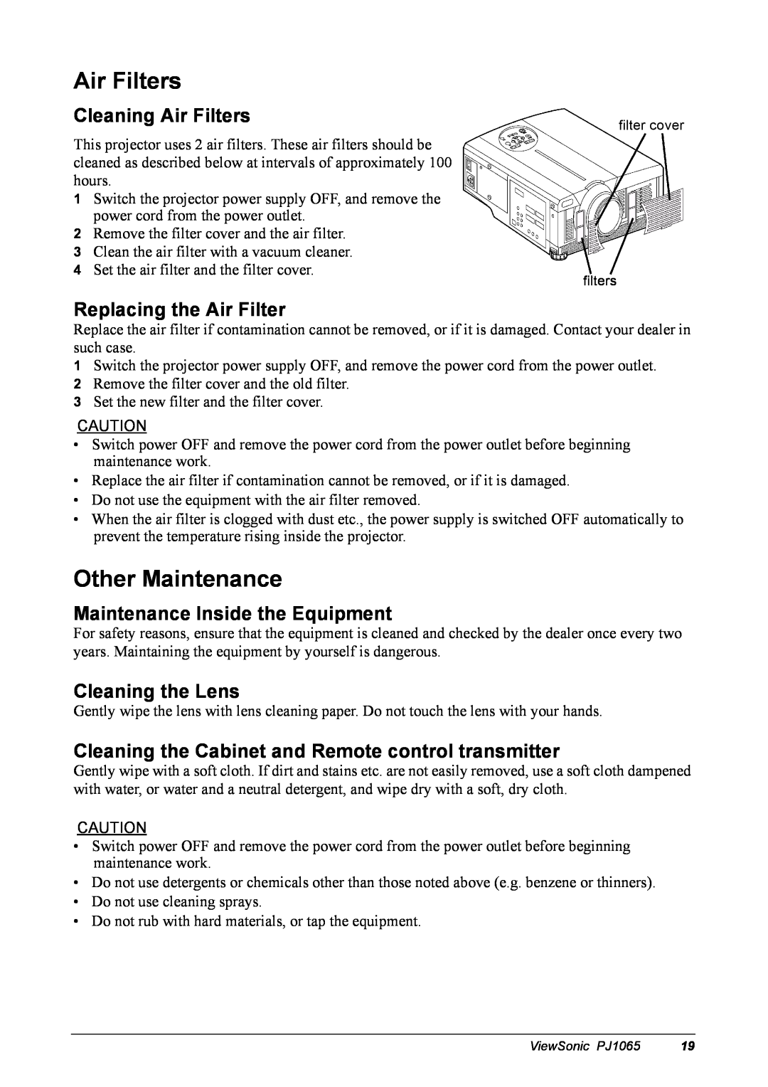 ViewSonic PJ1065 Other Maintenance, Cleaning Air Filters, Replacing the Air Filter, Maintenance Inside the Equipment 