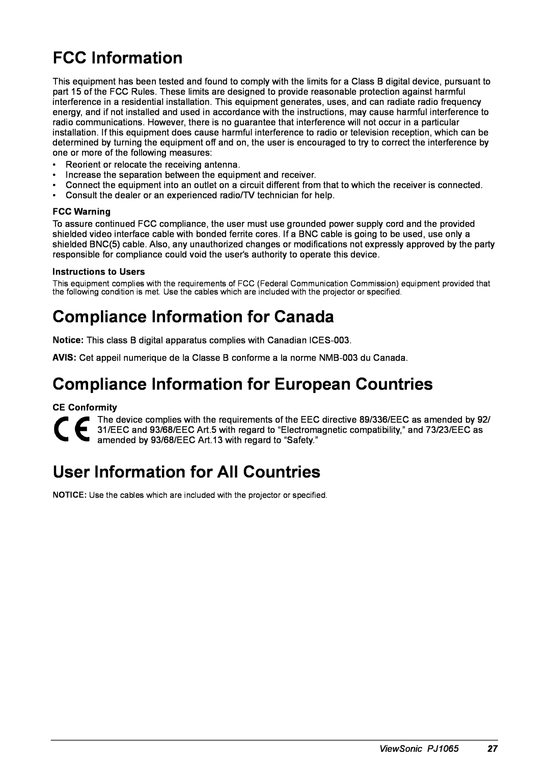 ViewSonic PJ1065 manual FCC Information, Compliance Information for Canada, Compliance Information for European Countries 