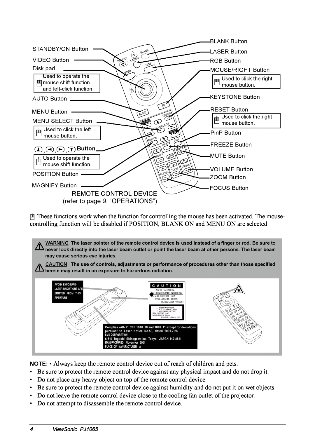 ViewSonic PJ1065 manual REMOTE CONTROL DEVICE refer to page 9, “OPERATIONS” 