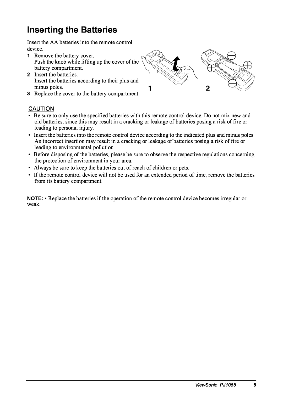 ViewSonic PJ1065 manual Inserting the Batteries 